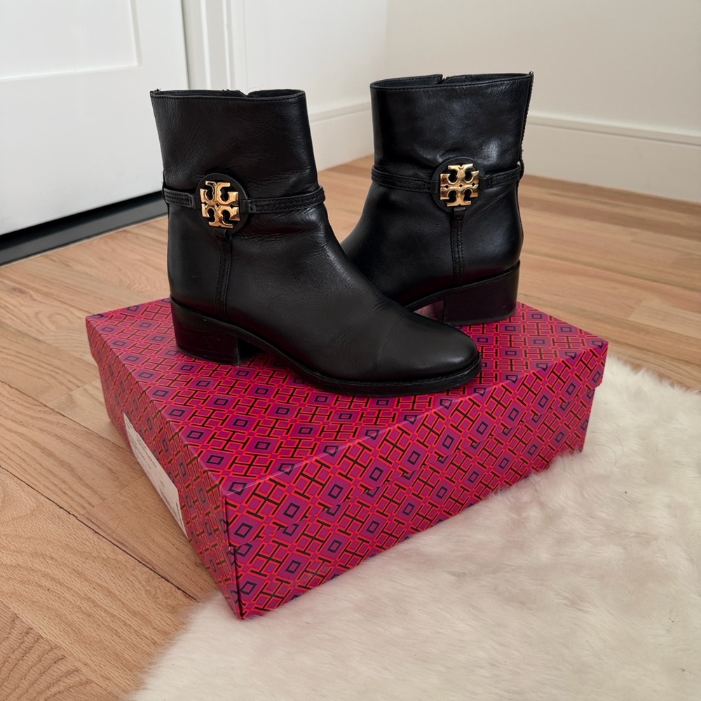 Tory Burch Black Ankle Booties with Gold Emblem